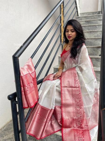 Affordable White Lichi Silk Saree with Rich Pallu And Contrast Blouse  South Indian Saree 
