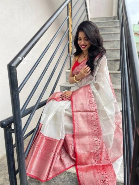 Affordable White Lichi Silk Saree with Rich Pallu And Contrast Blouse  South Indian Saree 