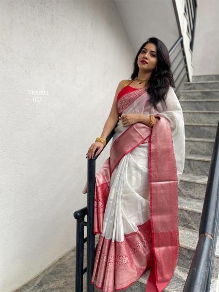 Affordable White Lichi Silk Saree with Rich Pallu And Contrast Blouse  South Indian Saree 