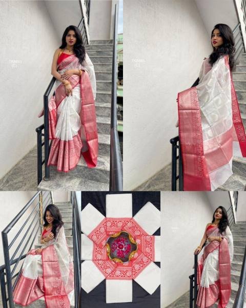 Affordable White Lichi Silk Saree with Rich Pallu And Contrast Blouse  South Indian Saree 