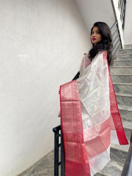 Affordable White Lichi Silk Saree with Rich Pallu And Contrast Blouse  South Indian Saree 