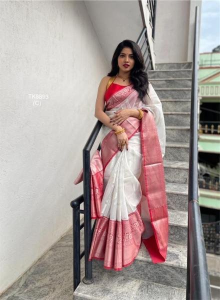 Affordable White Lichi Silk Saree with Rich Pallu And Contrast Blouse  South Indian Saree 