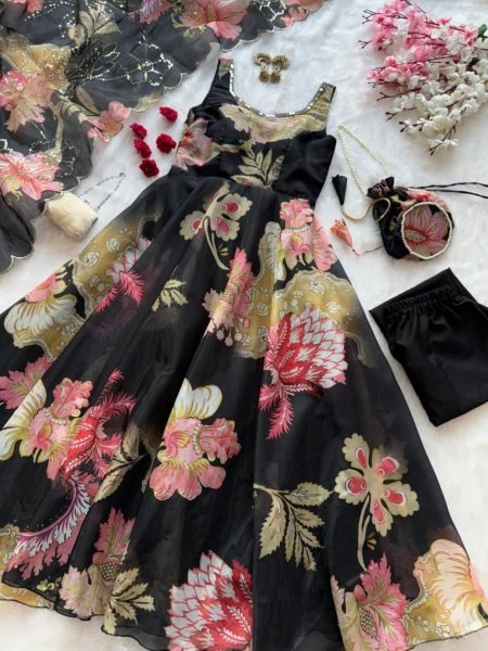 Adorned Black Gmy Organza Silk Digital Printed Anarkali with Batwa Bag for Office Wear Kurtis
