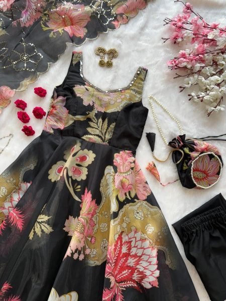 Adorned Black Gmy Organza Silk Digital Printed Anarkali with Batwa Bag for Office Wear Anarkali Kurtis 