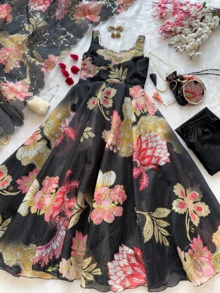 Adorned Black Gmy Organza Silk Digital Printed Anarkali with Batwa Bag for Office Wear Anarkali Kurtis 
