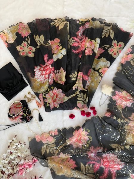 Adorned Black Gmy Organza Silk Digital Printed Anarkali with Batwa Bag for Office Wear Anarkali Kurtis 