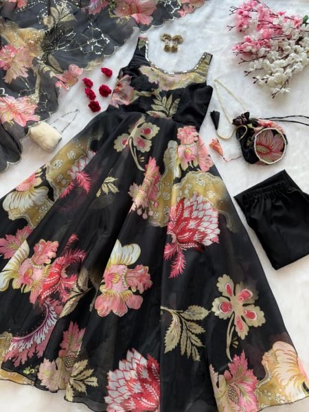 Adorned Black Gmy Organza Silk Digital Printed Anarkali with Batwa Bag for Office Wear Anarkali Kurtis 