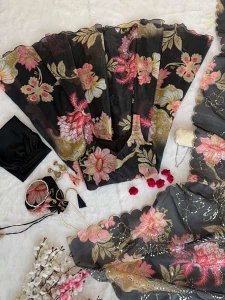 Adorned Black Gmy Organza Silk Digital Printed Anarkali with Batwa Bag for Office Wear Anarkali Kurtis 