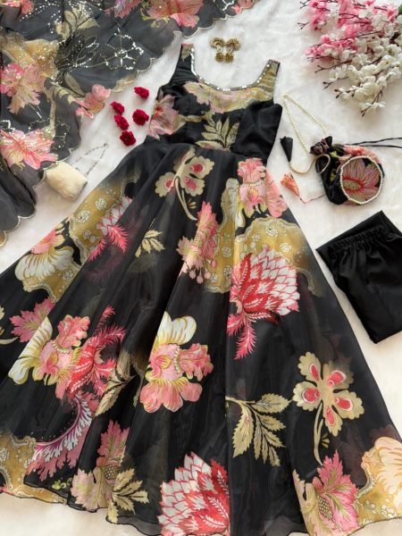 Adorned Black Gmy Organza Silk Digital Printed Anarkali with Batwa Bag for Office Wear Anarkali Kurtis 