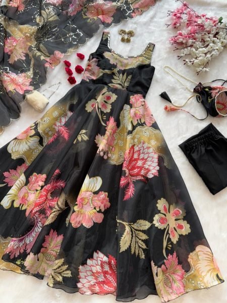 Adorned Black Gmy Organza Silk Digital Printed Anarkali with Batwa Bag for Office Wear Anarkali Kurtis 