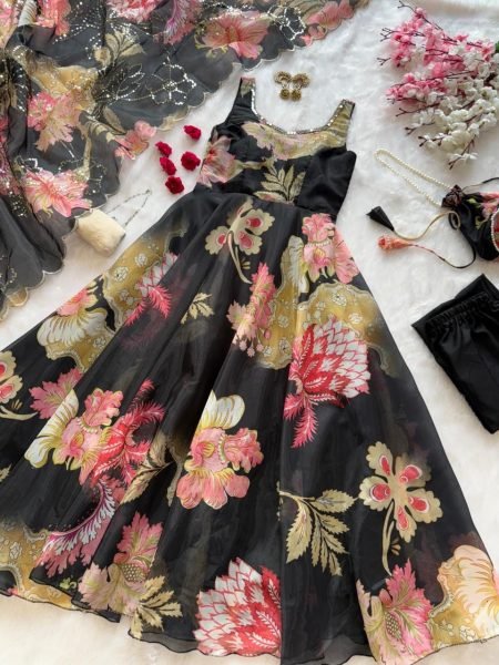 Adorned Black Gmy Organza Silk Digital Printed Anarkali with Batwa Bag for Office Wear Anarkali Kurtis 