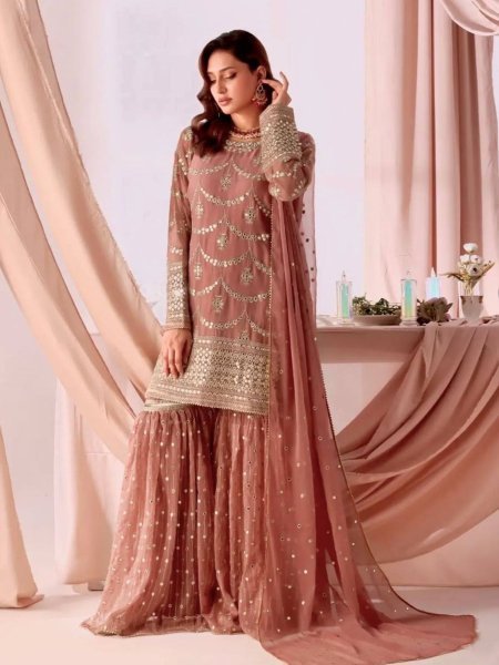 Adorned Peach Georgette Sequin Embroidered Sharara Suit with Lace Dupatta for Festive Wear 