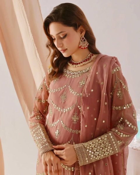 Adorned Peach Georgette Sequin Embroidered Sharara Suit with Lace Dupatta for Festive Wear Ready To Wear Collection