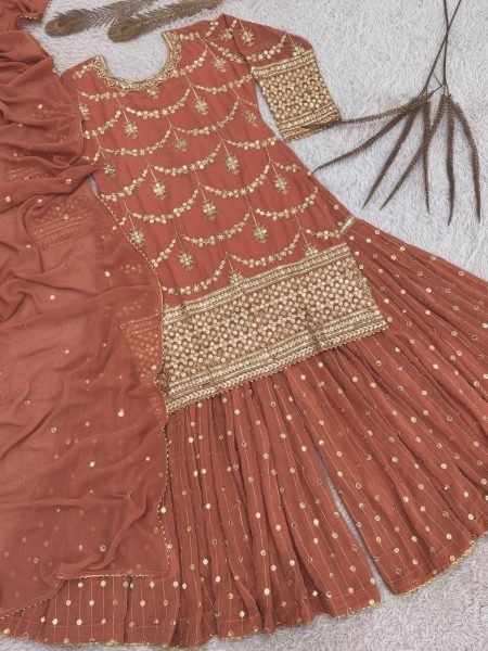 Adorned Peach Georgette Sequin Embroidered Sharara Suit with Lace Dupatta for Festive Wear Ready To Wear Collection