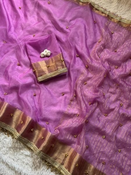 Adorned Purple Ghungroo Work Tissue Silk Saree with Unstitch Blouse at Factory Price  