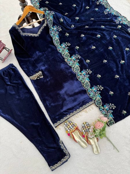 Adorned Viscose Velvet Thread   Sequins Embroidered Kurti   Pant Suit with Fancy Lace Work for Winter Parties  Ready To Wear Collection