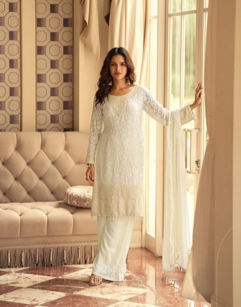 Adorned White Georgette Free Size with Embroidery Work From Sayuri Catalog Designer Plazzo Salwar Suits Wholesale