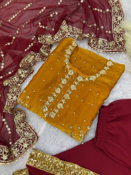 Adorned Yellow Salwar Suit With Dupatta in Fendy Silk With Sequence Embroidery Work Ready To Wear Collection
