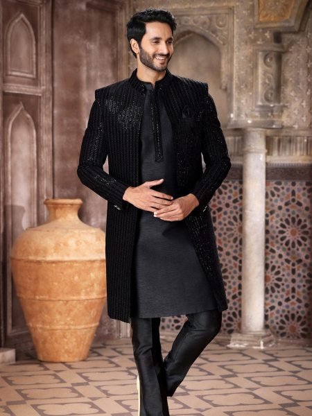 Advanced Black Latest Indo Western Jacket Set for Men Wedding Fashion Mens Wear