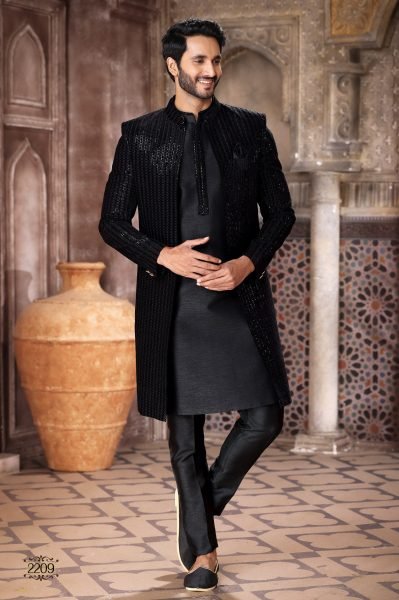 Advanced Black Latest Indo Western Jacket Set for Men Wedding Fashion Kurta Pajama Wholesale