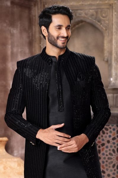 Advanced Black Latest Indo Western Jacket Set for Men Wedding Fashion Kurta Pajama Wholesale