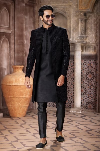 Advanced Black Latest Indo Western Jacket Set for Men Wedding Fashion Kurta Pajama Wholesale