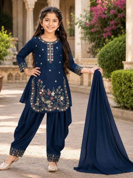 Advanced Blue Girls Vichitra Suit Patiala Set with Heavy Embroidery and Bhungali Work Kurtis