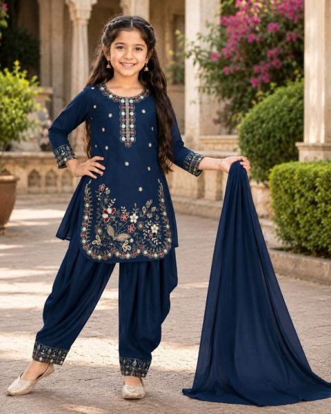 Advanced Blue Girls Vichitra Suit Patiala Set with Heavy Embroidery and Bhungali Work Girls Wear
