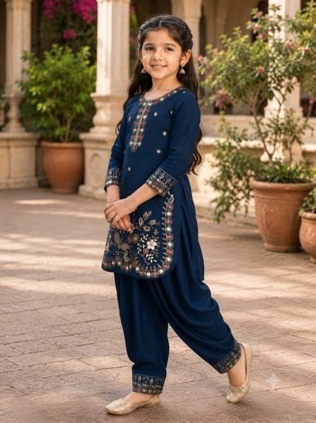 Advanced Blue Girls Vichitra Suit Patiala Set with Heavy Embroidery and Bhungali Work Girls Wear