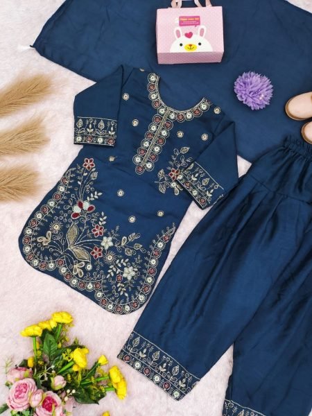 Advanced Blue Girls Vichitra Suit Patiala Set with Heavy Embroidery and Bhungali Work Girls Wear