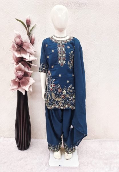 Advanced Blue Girls Vichitra Suit Patiala Set with Heavy Embroidery and Bhungali Work Girls Wear