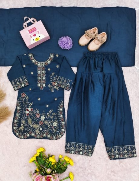 Advanced Blue Girls Vichitra Suit Patiala Set with Heavy Embroidery and Bhungali Work Girls Wear