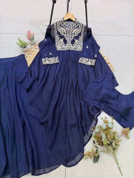 Advanced Blue Party Wear Rangoli Indo Western Lehenga Skirt and Shrug Set  