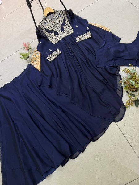 Advanced Blue Party Wear Rangoli Indo Western Lehenga Skirt and Shrug Set  Ready To Wear Collection