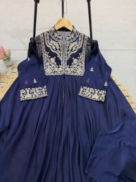 Advanced Blue Party Wear Rangoli Indo Western Lehenga Skirt and Shrug Set  Ready To Wear Collection