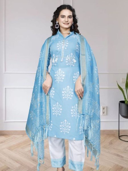 Advanced Cotton Kurta Set   Digital Print   Zari Border Dupatta 
