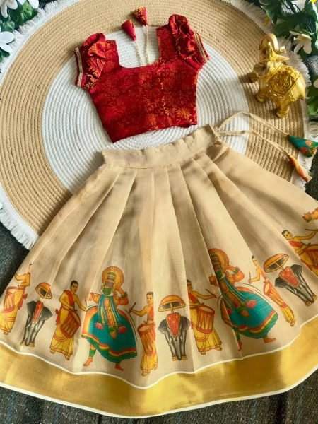 Advanced Cream Designer Onam Special Girls Lehenga with Traditional Kerala Theme Prints Kurtis