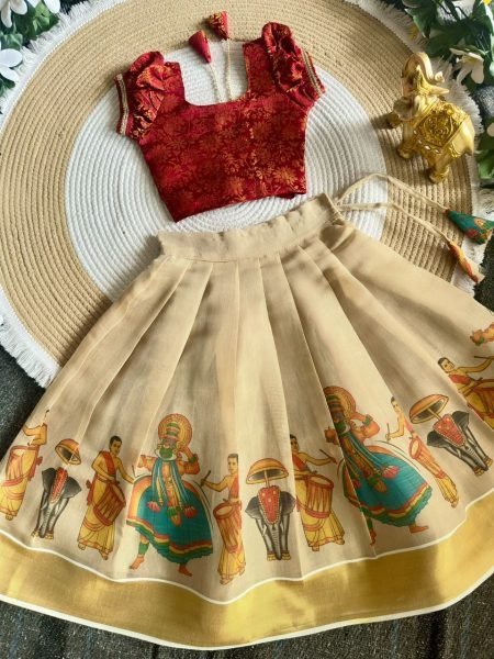 Advanced Cream Designer Onam Special Girls Lehenga with Traditional Kerala Theme Prints Girls Wear