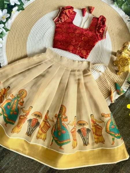 Advanced Cream Designer Onam Special Girls Lehenga with Traditional Kerala Theme Prints Girls Wear
