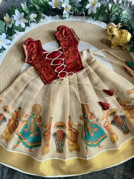Advanced Cream Designer Onam Special Girls Lehenga with Traditional Kerala Theme Prints Girls Wear