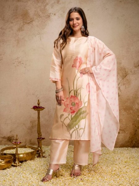 Advanced Cream Soft Aasam Suit Set with Printed Dupatta for Women Kurtis