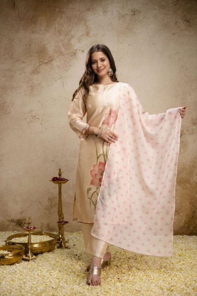 Advanced Cream Soft Aasam Suit Set with Printed Dupatta for Women  Straight Cut Long Kurtis