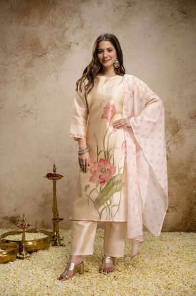 Advanced Cream Soft Aasam Suit Set with Printed Dupatta for Women  Straight Cut Long Kurtis