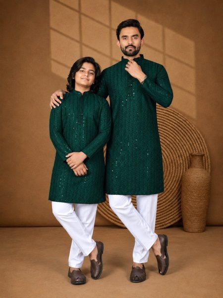 Advanced Dark Green Chikankari Sequence Work Kurta Pajama Set at Wholesale Rate Father Son Collection 