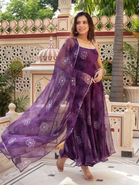 Advanced Deep Purple Fox Georgette Anarkali Palazzo Set in Deep Purple for Festive Wear Kurtis