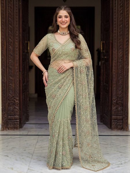 Advanced Green Boutique Quality Net Saree with All Over Beads, Sequins Work 