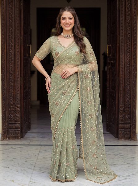 Advanced Green Boutique Quality Net Saree with All Over Beads, Sequins Work Embroidery Sarees Wholesale