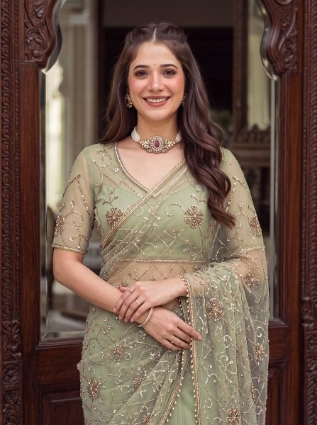 Advanced Green Boutique Quality Net Saree with All Over Beads, Sequins Work Embroidery Sarees Wholesale