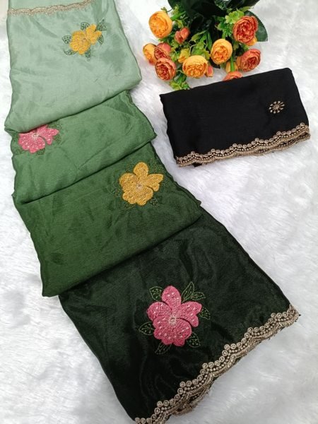 Advanced Green Chinon Padding Embroidered Saree for Festive and Party Wear Embroidery Sarees Wholesale