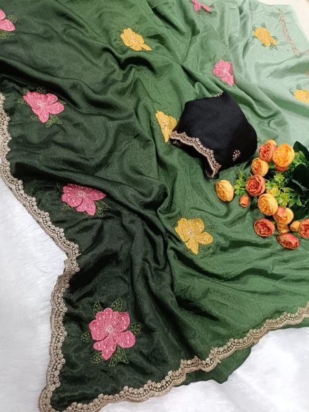 Advanced Green Chinon Padding Embroidered Saree for Festive and Party Wear Embroidery Sarees Wholesale